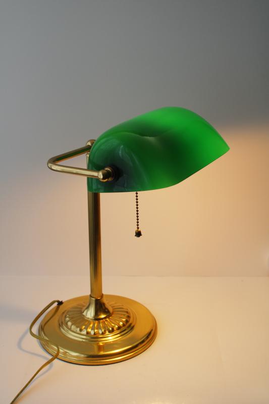 photo of vintage brass bankers lamp w/ emeralite green colored glass shade, antique reproduction #6