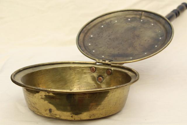 photo of vintage brass bed warmer, large solid brass pan for hot coals or roasting chestnuts #10