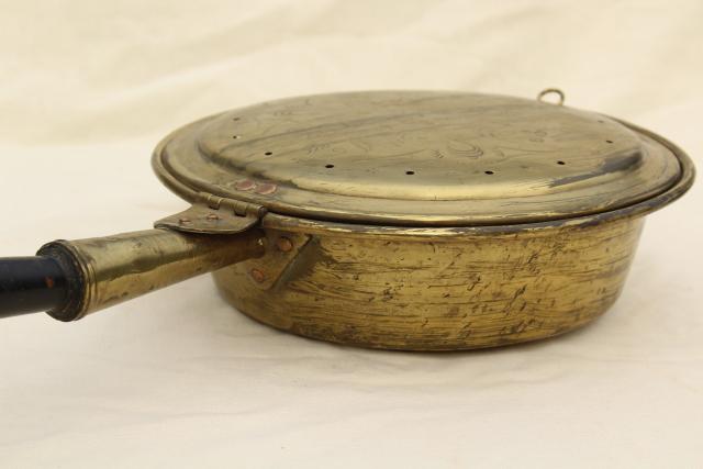 photo of vintage brass bed warmer, large solid brass pan for hot coals or roasting chestnuts #12