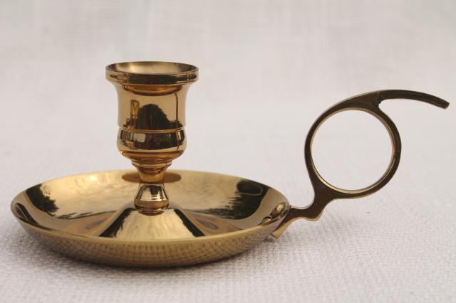 photo of vintage brass bedside chamber candlesticks, pair solid brass candle holders w/ finger ring handles #4