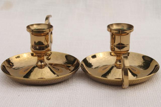 photo of vintage brass bedside chamber candlesticks, pair solid brass candle holders w/ finger ring handles #5