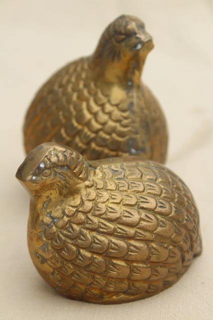 photo of vintage brass birds, pair of large cast metal quail figurines #1