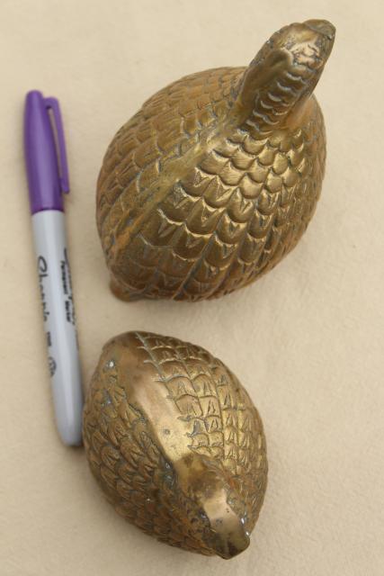 photo of vintage brass birds, pair of large cast metal quail figurines #2