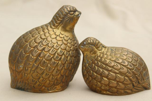 photo of vintage brass birds, pair of large cast metal quail figurines #3