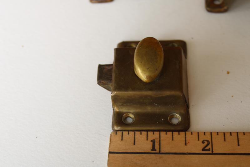 photo of vintage brass cabinet latches w/ turn knob spring closure, hooiser cupboard door hardware lot #10