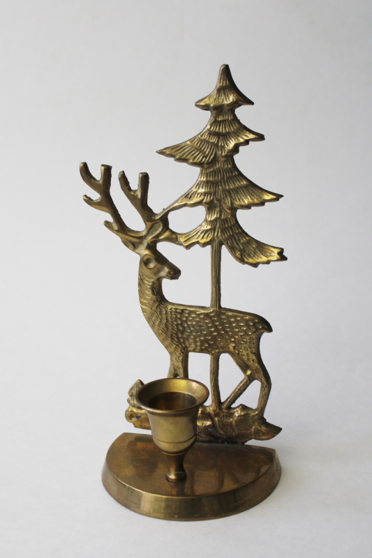 photo of vintage brass candle holder, deer w/ forest pine tree, rustic woodland north woods decor #1