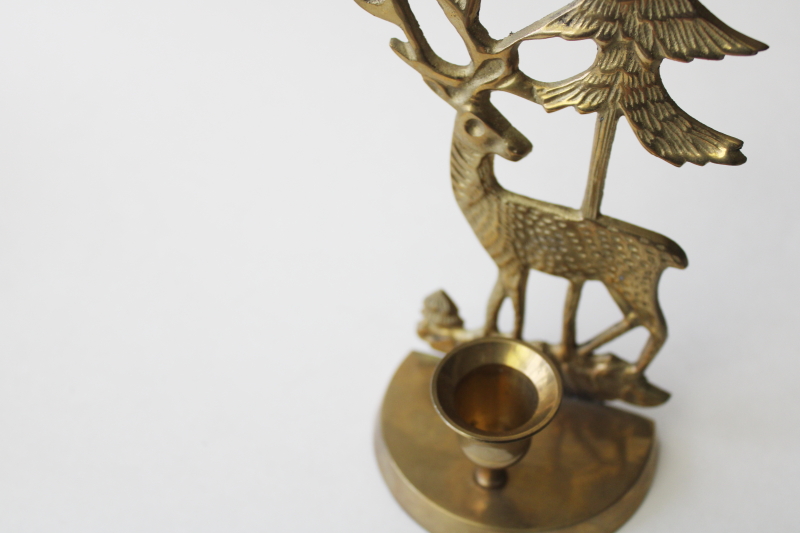 photo of vintage brass candle holder, deer w/ forest pine tree, rustic woodland north woods decor #2