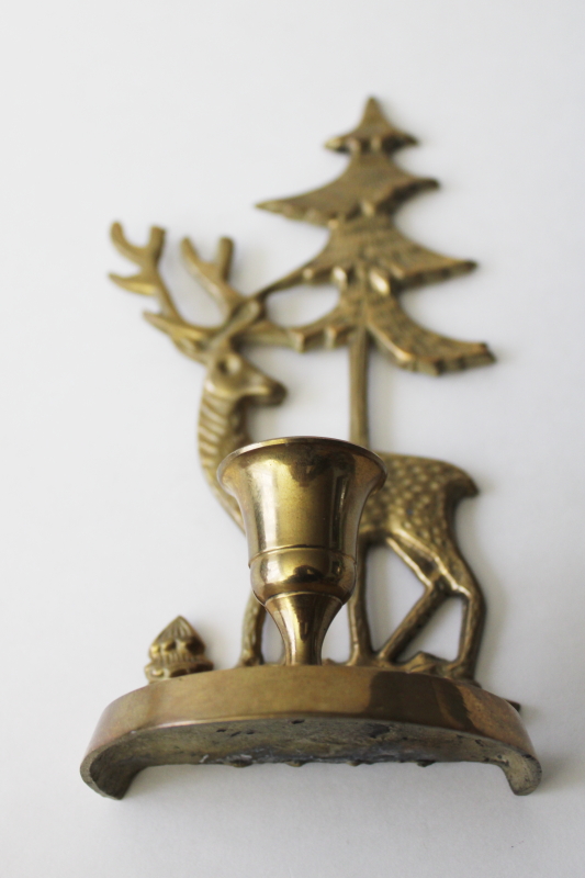 photo of vintage brass candle holder, deer w/ forest pine tree, rustic woodland north woods decor #4