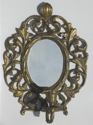 photo of vintage brass candle holder, wall sconce w/  mirror in ornate oval frame #1