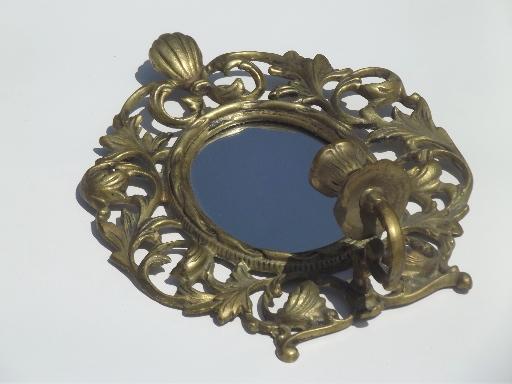 photo of vintage brass candle holder, wall sconce w/  mirror in ornate oval frame #3