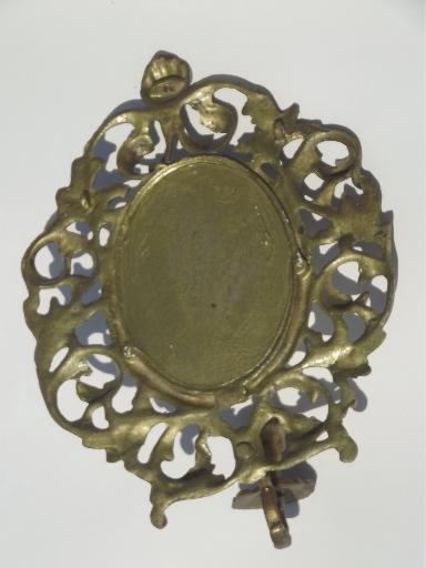 photo of vintage brass candle holder, wall sconce w/  mirror in ornate oval frame #5