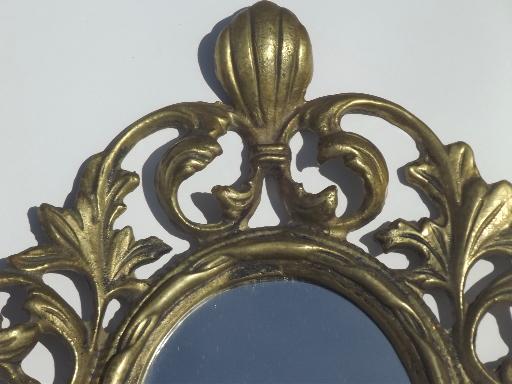 photo of vintage brass candle holder, wall sconce w/  mirror in ornate oval frame #7