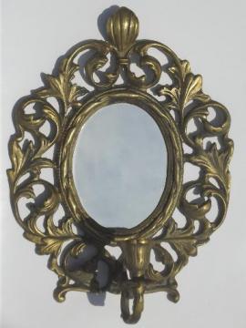 catalog photo of vintage brass candle holder, wall sconce w/  mirror in ornate oval frame