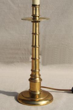 catalog photo of vintage brass candlestick lamp, colonial bamboo desk or table lamp w/ candle stick bas