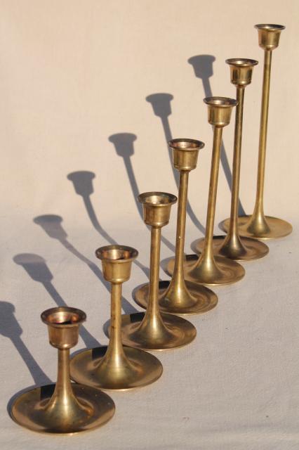 photo of vintage brass candlesticks set in graduated heights, minimalist mod candle holders #1