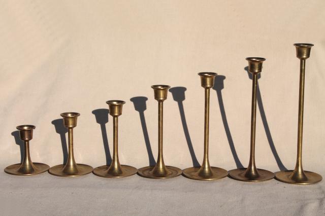 photo of vintage brass candlesticks set in graduated heights, minimalist mod candle holders #2