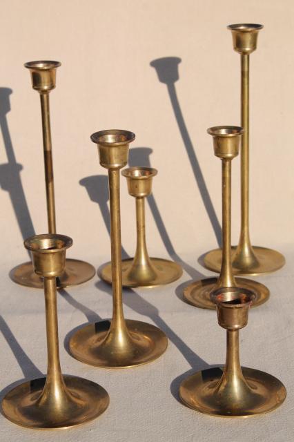photo of vintage brass candlesticks set in graduated heights, minimalist mod candle holders #3