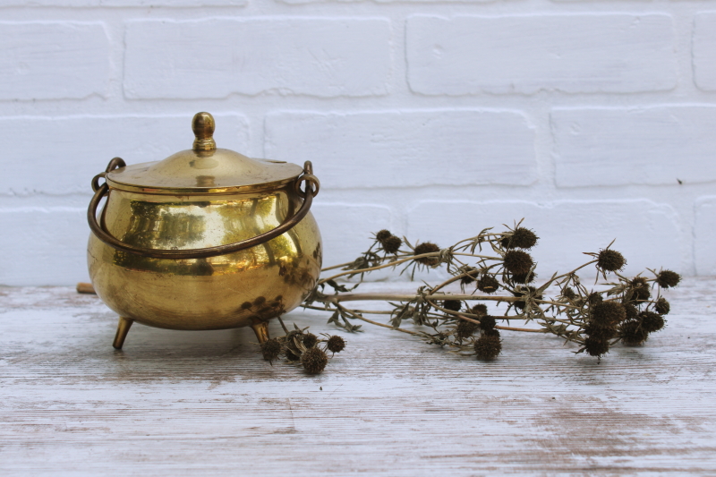 photo of vintage brass cauldron pot w/ lid, small three legged kettle, old fireplace hearth pot #1