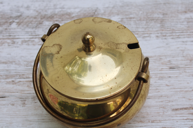 photo of vintage brass cauldron pot w/ lid, small three legged kettle, old fireplace hearth pot #2