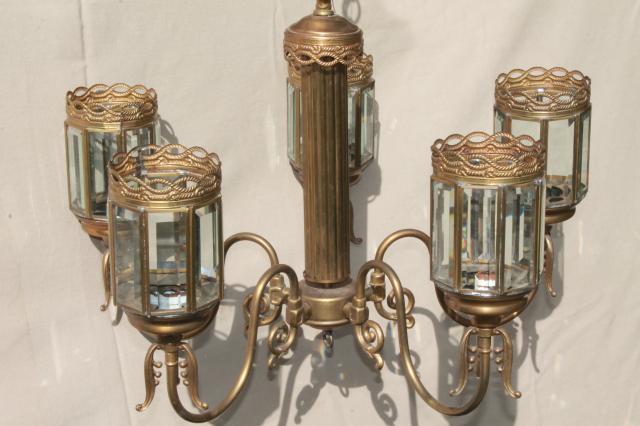 photo of vintage brass chandelier light w/ prism beveled paneled glass lantern lamp shades #1