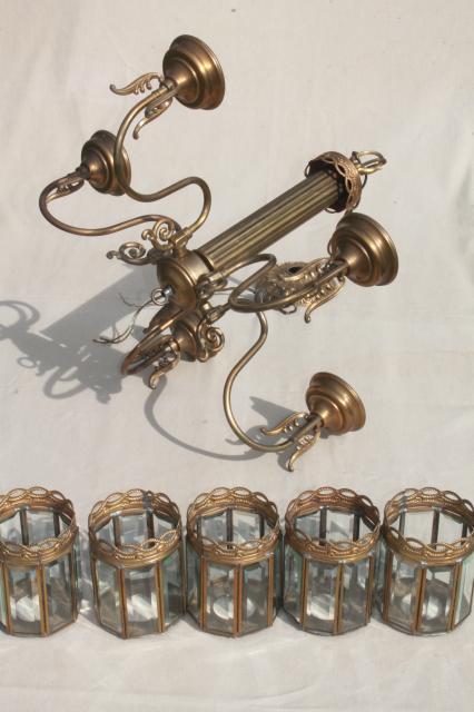 photo of vintage brass chandelier light w/ prism beveled paneled glass lantern lamp shades #2