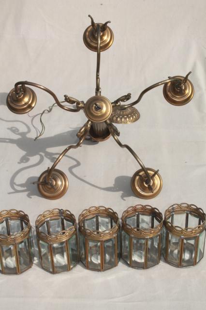 photo of vintage brass chandelier light w/ prism beveled paneled glass lantern lamp shades #3