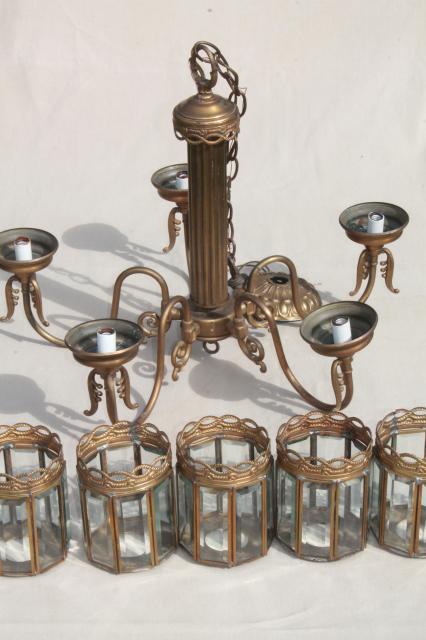 photo of vintage brass chandelier light w/ prism beveled paneled glass lantern lamp shades #4