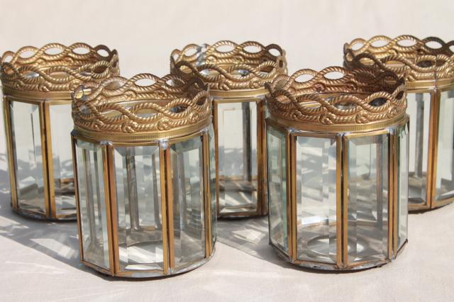 photo of vintage brass chandelier light w/ prism beveled paneled glass lantern lamp shades #10