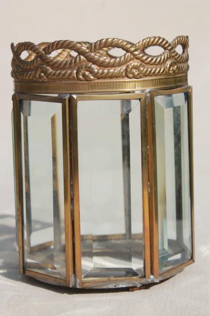 photo of vintage brass chandelier light w/ prism beveled paneled glass lantern lamp shades #11