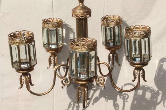 photo of vintage brass chandelier light w/ prism beveled paneled glass lantern lamp shades #12