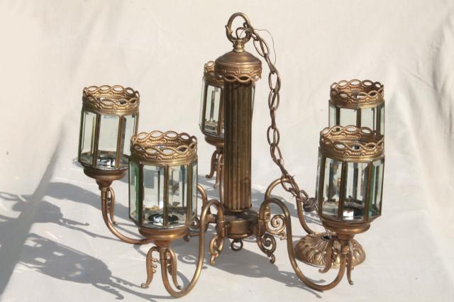 photo of vintage brass chandelier light w/ prism beveled paneled glass lantern lamp shades #14