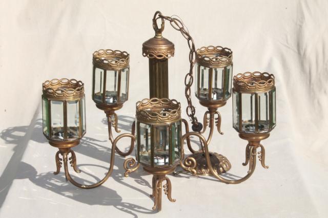 photo of vintage brass chandelier light w/ prism beveled paneled glass lantern lamp shades #15