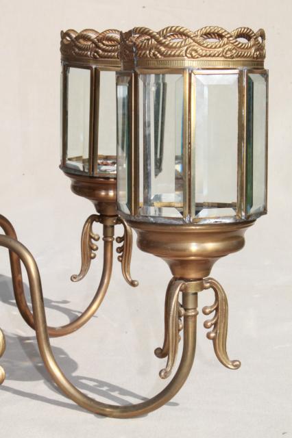 photo of vintage brass chandelier light w/ prism beveled paneled glass lantern lamp shades #16