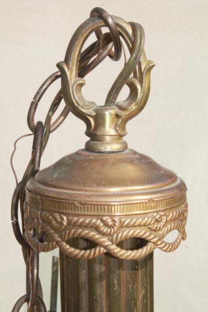 photo of vintage brass chandelier light w/ prism beveled paneled glass lantern lamp shades #17