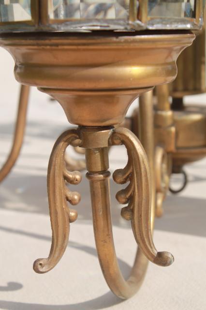 photo of vintage brass chandelier light w/ prism beveled paneled glass lantern lamp shades #18