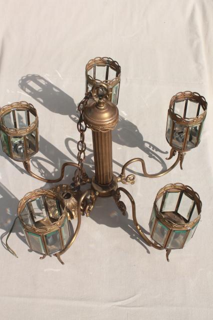 photo of vintage brass chandelier light w/ prism beveled paneled glass lantern lamp shades #19