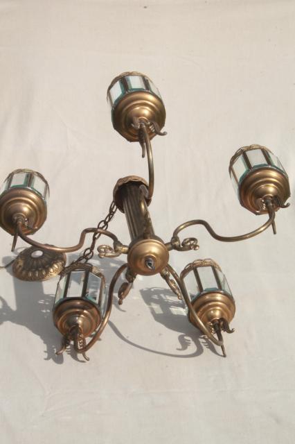 photo of vintage brass chandelier light w/ prism beveled paneled glass lantern lamp shades #20