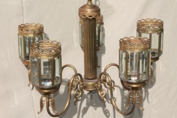 catalog photo of vintage brass chandelier light w/ prism beveled paneled glass lantern lamp shades