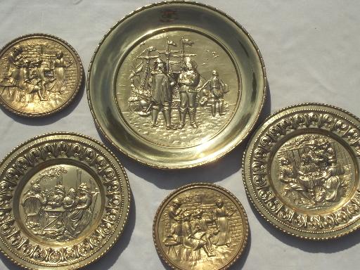 photo of vintage brass chargers & plates, old English beaten brass wall art pieces #1