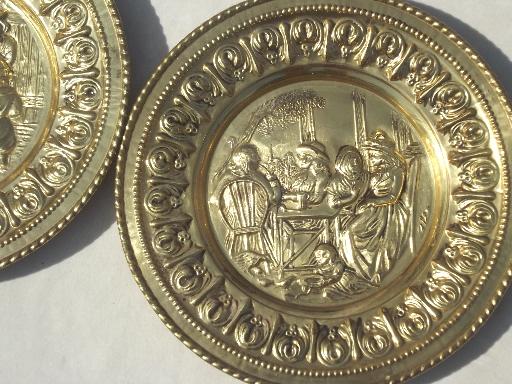 photo of vintage brass chargers & plates, old English beaten brass wall art pieces #2