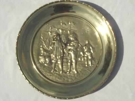 photo of vintage brass chargers & plates, old English beaten brass wall art pieces #3