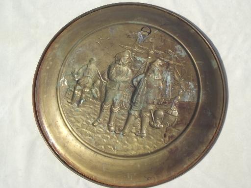 photo of vintage brass chargers & plates, old English beaten brass wall art pieces #4