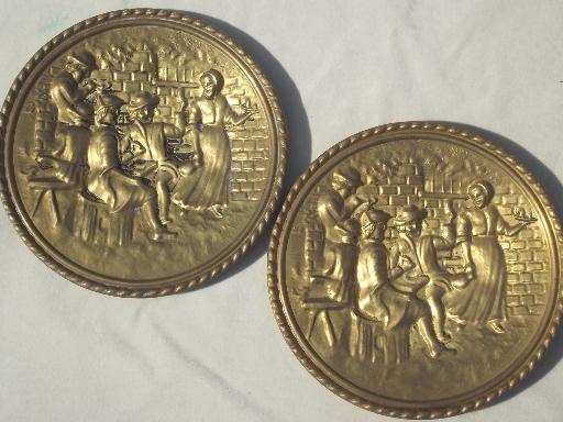 photo of vintage brass chargers & plates, old English beaten brass wall art pieces #5