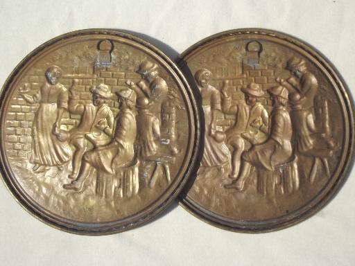 photo of vintage brass chargers & plates, old English beaten brass wall art pieces #6