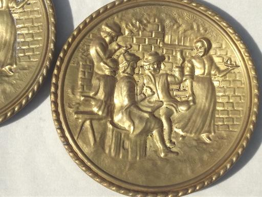 photo of vintage brass chargers & plates, old English beaten brass wall art pieces #7