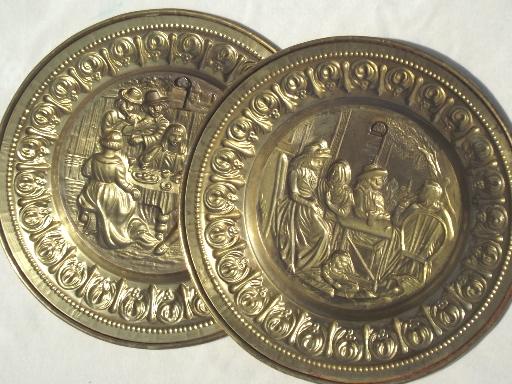 photo of vintage brass chargers & plates, old English beaten brass wall art pieces #9