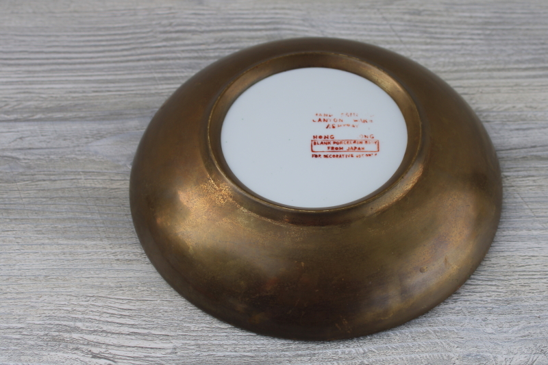 photo of vintage brass clad porcelain bowl ashtray hand painted Canton Ware Hong Kong #4