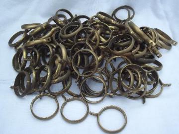 catalog photo of vintage brass curtain rings for cafe curtains, retro drapery hardware lot