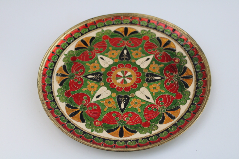 photo of vintage brass dish w/ vitreous enameled glass mandala design in red green gold #1