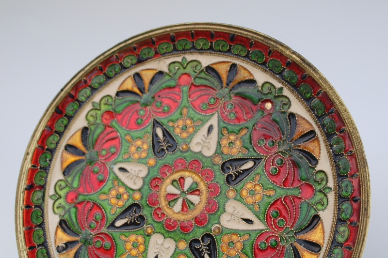 photo of vintage brass dish w/ vitreous enameled glass mandala design in red green gold #2